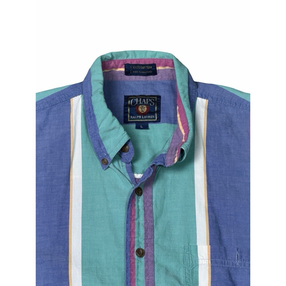 Vintage 90s Chaps Ralph Lauren Shirt L Men Color Striped Short Sleeve Crest Logo - Picture 3 of 9